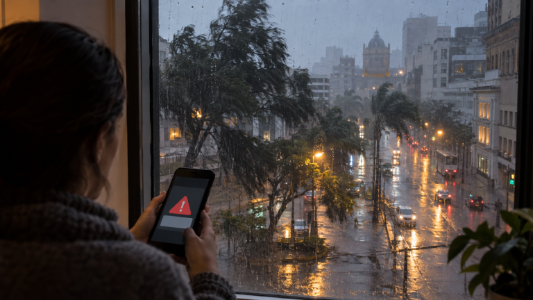 Pessoa consulta aviso de chuva forte no celular enquanto observa temporal pela janela em Porto Alegre