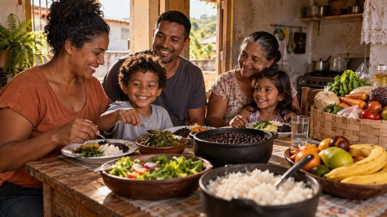 Brasil Sem Fome: entenda as ações que podem ajudar sua família Família brasileira reunida à mesa com alimentos do Brasil Sem Fome