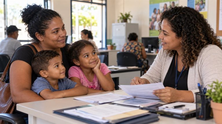 Mãe com crianças recebendo orientação para o Cadastro Único