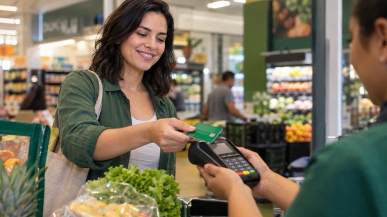 Cartão de Crédito PagBank: benefícios, cashback, limite e como funciona Mulher fazendo compras e pagando com cartão de crédito verde