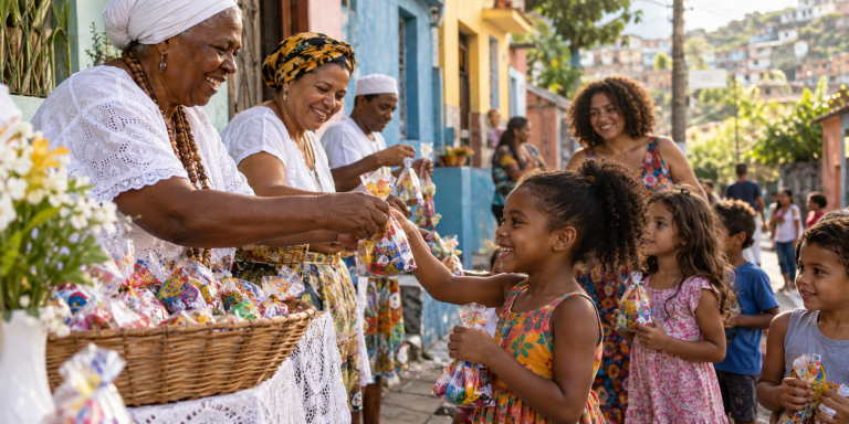 O doce de Cosme e Damião volta às ruas hoje — e carrega uma história que muita gente esquece Mulheres entregam sacolinhas de doces a crianças em celebração de Cosme e Damião