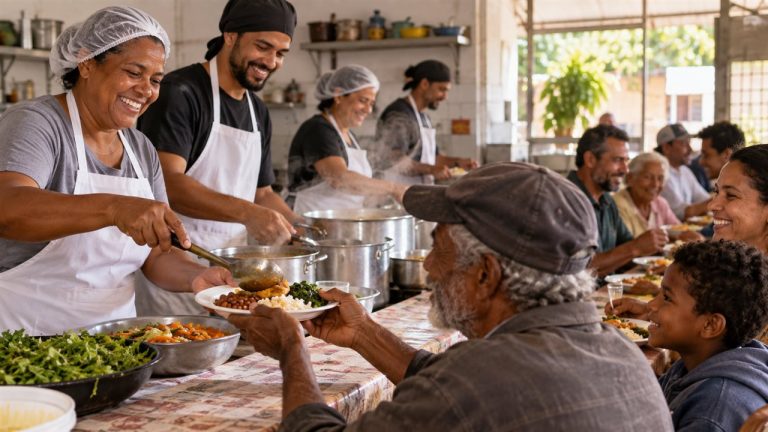 Voluntários servindo refeições em uma cozinha solidária brasileira