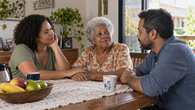Doação de órgãos: sua família sabe da decisão que você tomou? Três familiares conversam à mesa sobre a vontade de doar órgãos