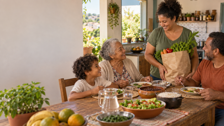 10 programas sociais do Brasil que podem ajudar famílias em momentos difíceis Família brasileira reunida à mesa com alimentos frescos