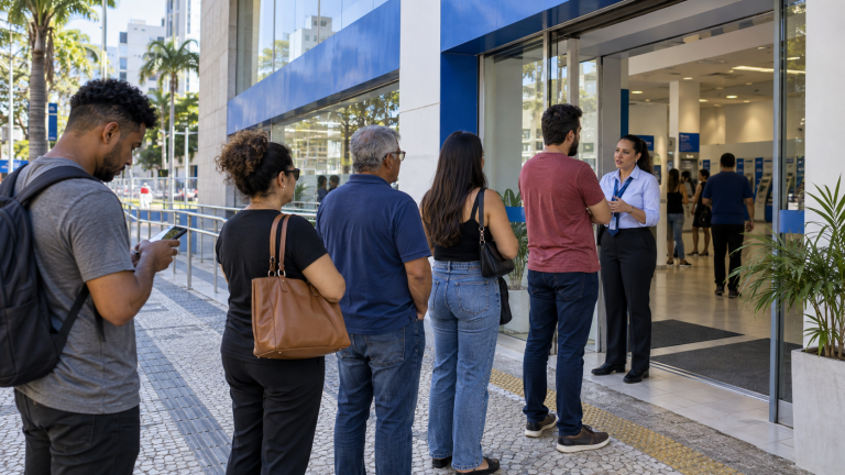 Greve da Caixa continua, mesmo com agências abertas: o que muda para quem precisa do banco Fila curta em agência bancária com atendimento parcial, imagem ilustrativa da greve da Caixa