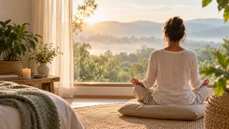 Ho’oponopono antes de dormir: liberte as preocupações e durma em paz Pessoa em meditação diante de uma janela iluminada pelo amanhecer