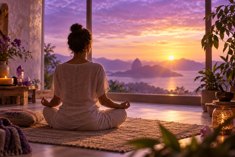 Meditação da Deusa Pórtia: justiça, misericórdia e equilíbrio Pessoa meditando envolvida por uma suave luz violeta e dourada