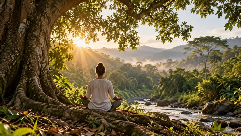 Pessoa meditando sob uma árvore ao lado de um riacho ao amanhecer