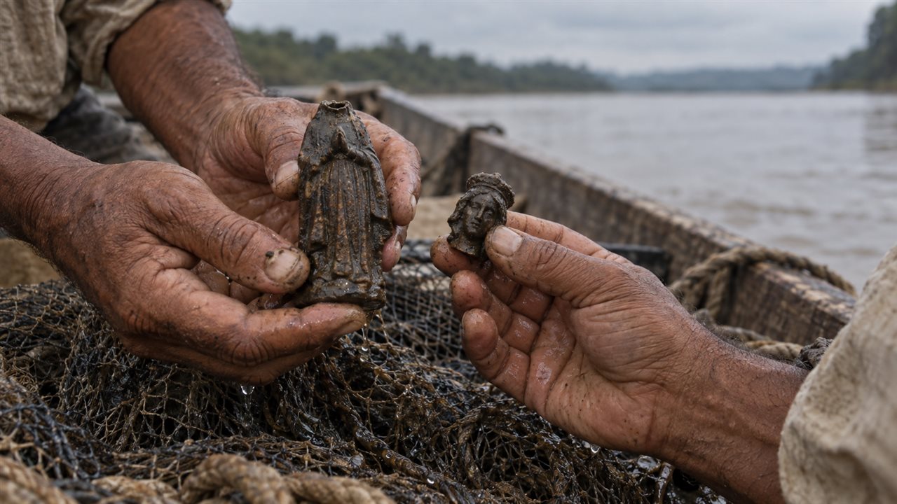 Mãos de pescadores segurando as partes da imagem de Nossa Senhora Aparecida encontrada no rio