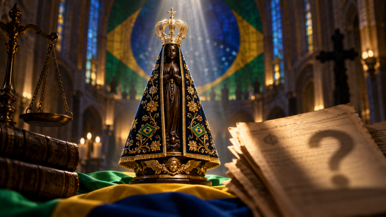 Imagem de Nossa Senhora Aparecida iluminada diante das cores do Brasil e de documentos legislativos