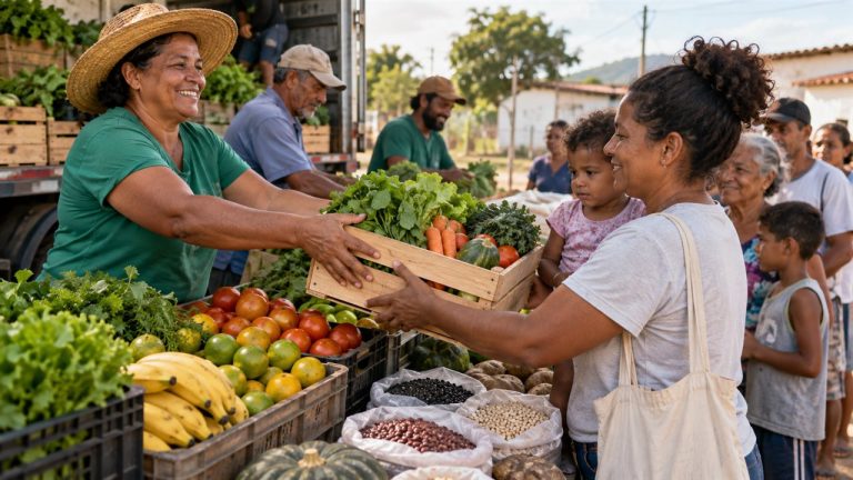 Agricultora familiar entregando alimentos frescos a uma família brasileira
