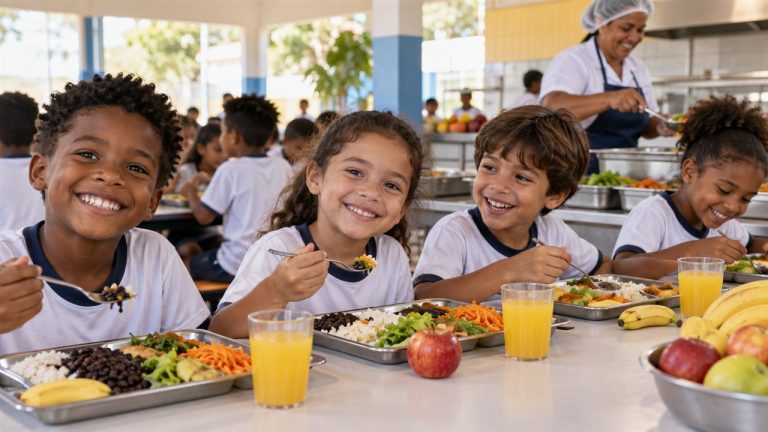 Merenda escolar é direito do aluno: veja como funciona o PNAE Crianças brasileiras comendo merenda escolar saudável pelo PNAE
