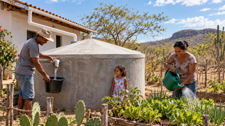 Água para famílias do campo: veja quem pode ser atendido pelo Programa Cisternas Família rural brasileira usando água de cisterna no semiárido