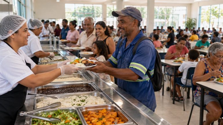Trabalhador recebendo refeição equilibrada em restaurante popular