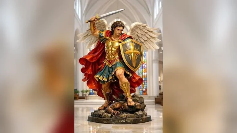 Imagem de São Miguel Arcanjo com espada e escudo, santo do dia 29 de setembro