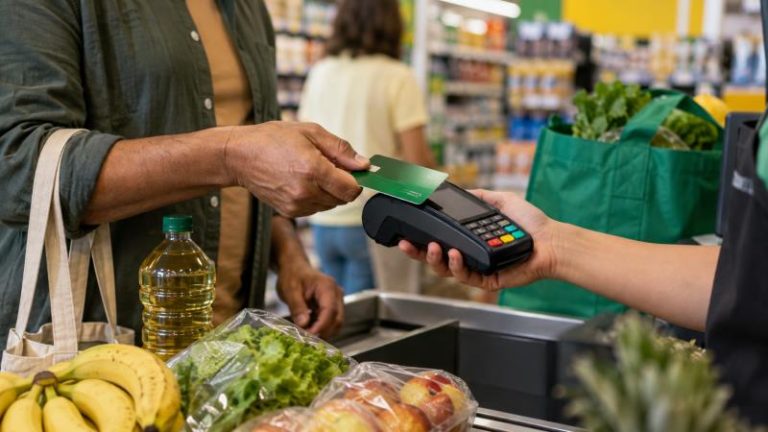 Como solicitar o Cartão de Crédito PagBank: requisitos e passo a passo Pessoa pagando compras de supermercado com cartão de crédito verde