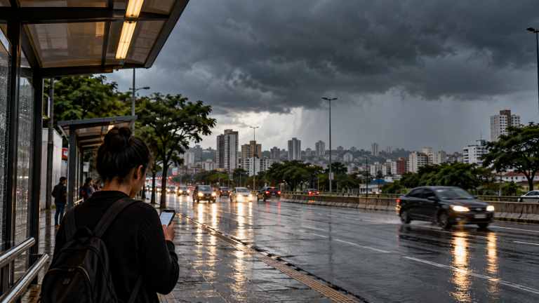 Ilustração de pessoa consultando o celular antes de chuva forte em rua de cidade brasileira