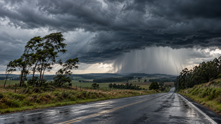 Alerta vermelho de tempestade no Sul: veja onde vale e o que fazer antes de sexta Ilustração de nuvens de tempestade sobre estrada no Sul do Brasil