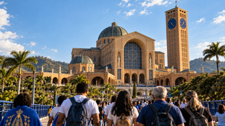 Aparecida ainda tem consagração e procissão hoje: veja os horários e como acompanhar Ilustração de peregrinos chegando a uma basílica em dia de céu azul