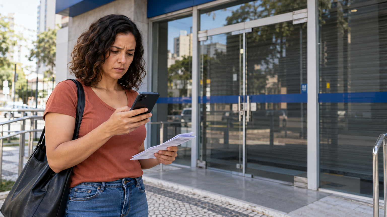 Banco fechado no feriado de 12 de outubro: o Pix funciona, mas a conta pode esperar? Mulher consulta celular e segura contas diante de agência bancária fechada; cena ilustrativa gerada por IA.