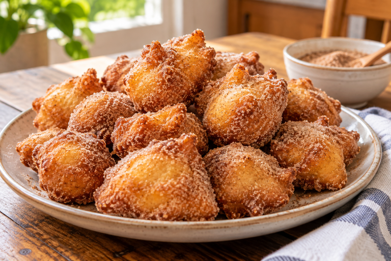 Bolinho de chuva fofinho: receita fácil para o café da tarde Bolinho de chuva dourado coberto com açúcar e canela em prato de cerâmica sobre mesa de madeira