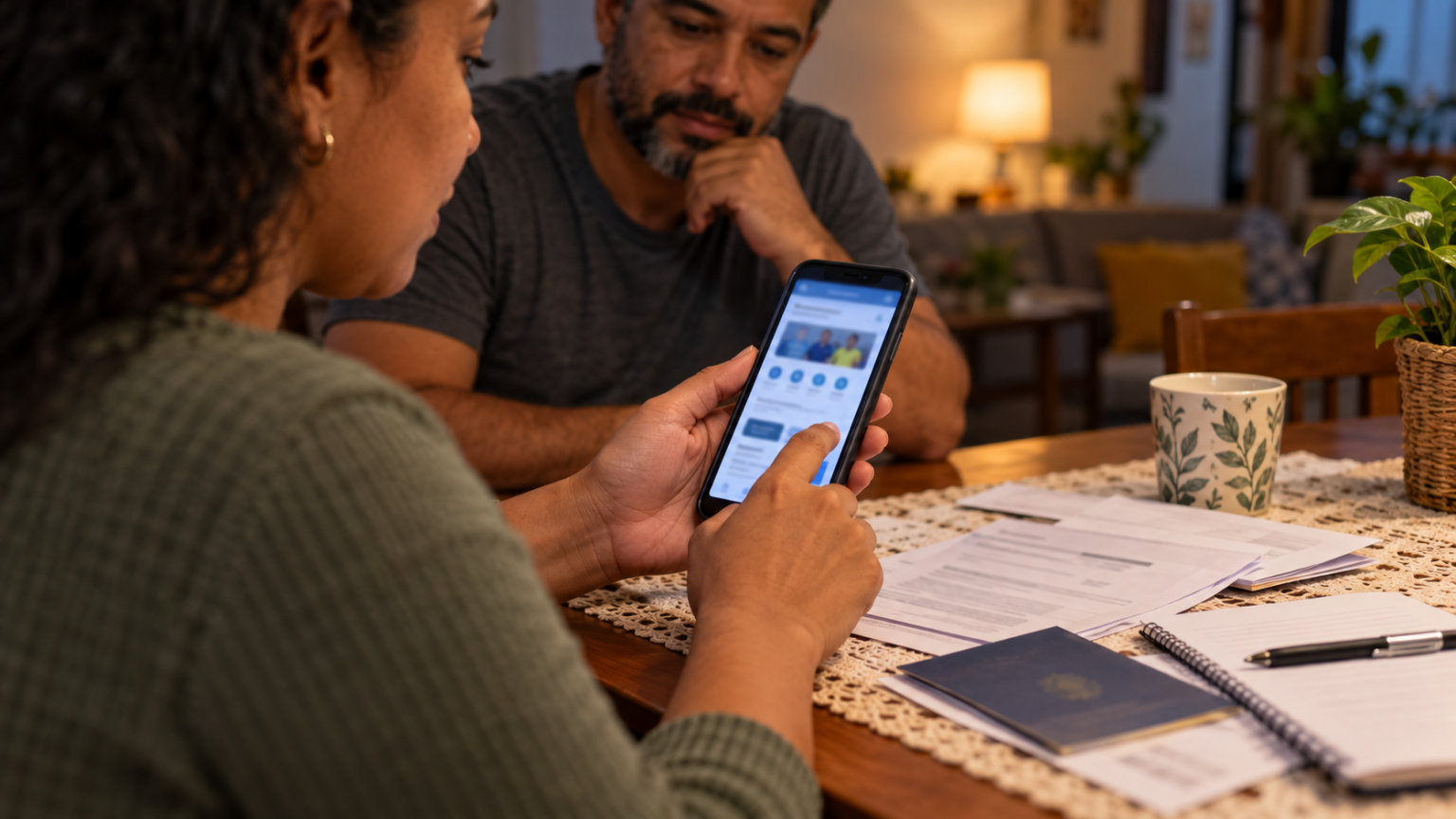 Família confere informações sobre benefício em celular, em cena ilustrativa