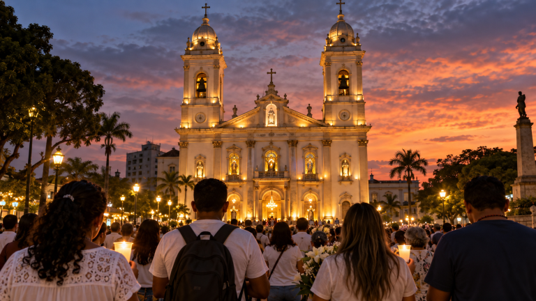 O Círio de Nazaré começa hoje — mas a grande procissão ainda está por vir Ilustração da Basílica de Nazaré iluminada ao entardecer, com fiéis reunidos na praça em Belém