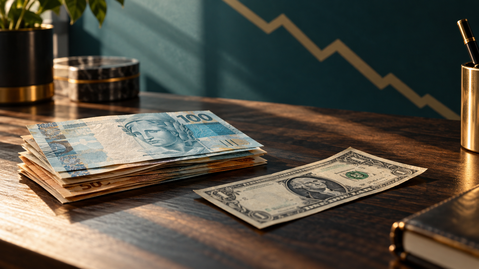 Ilustração de cédulas de real e dólar sobre mesa, com gráfico descendente ao fundo.