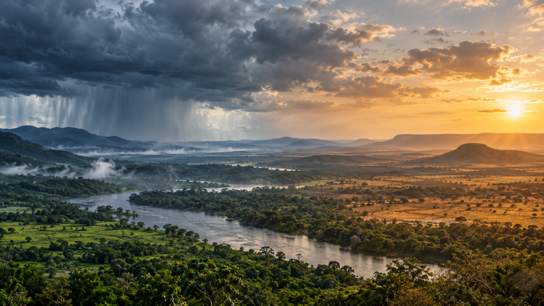 Ilustração de paisagem brasileira com chuva intensa de um lado e tempo seco do outro, representando efeitos regionais possíveis do El Niño.