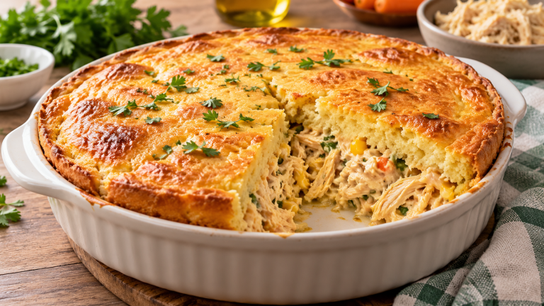 Torta de frango de liquidificador: cremosa, fofinha e fácil Torta de frango de liquidificador cremosa e fofinha em travessa dourada
