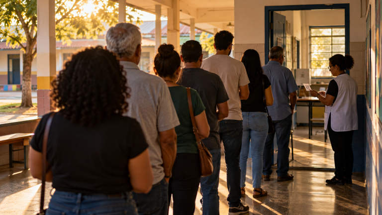 Fila às 17h? O detalhe que garante seu voto mesmo após o fechamento Ilustração de pessoas em fila para votar enquanto uma mesária prepara uma senha; não retrata seção real