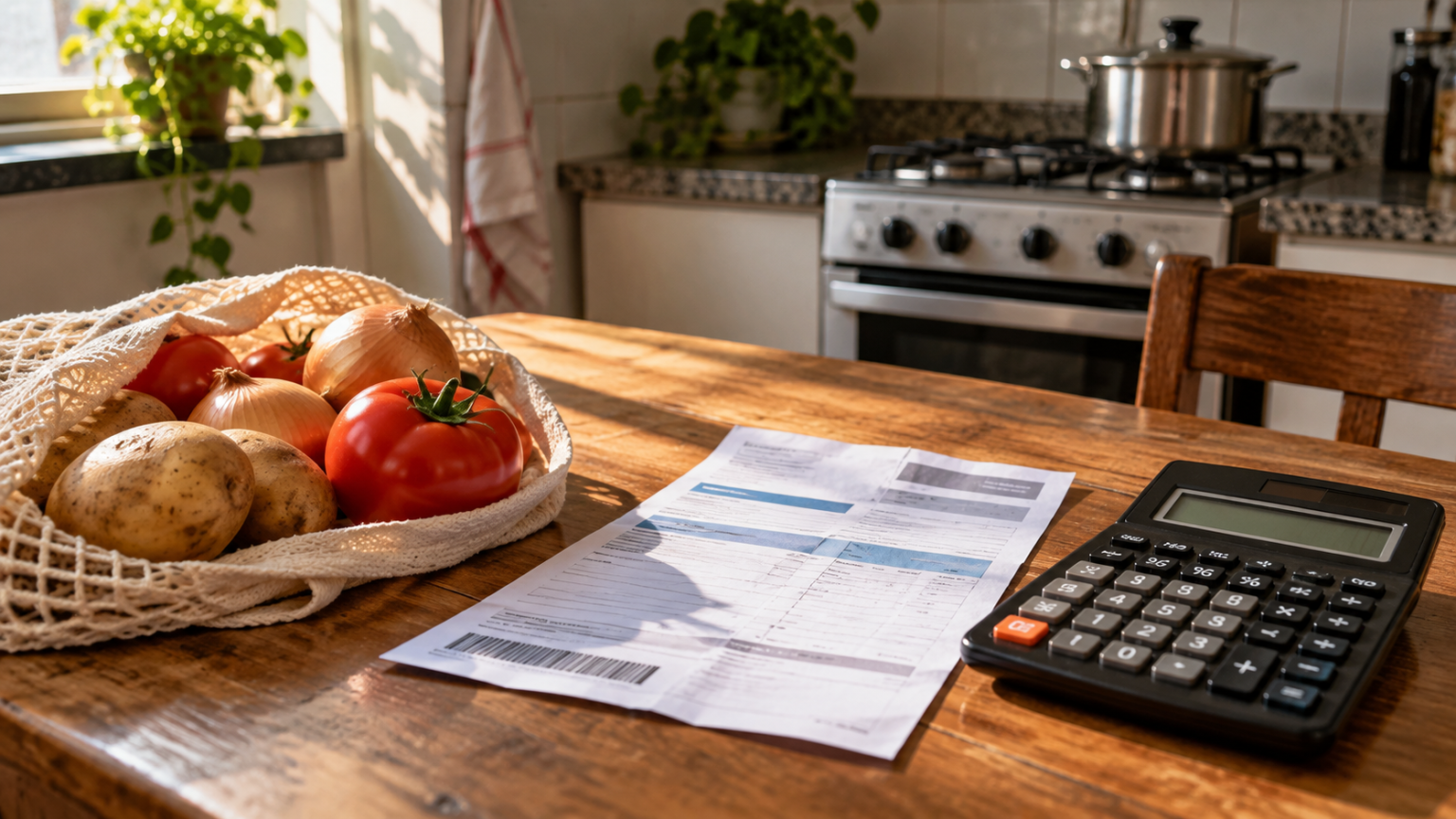 Mesa com conta de energia, tomates, batatas, cebolas e calculadora, em ilustração da inflação de setembro