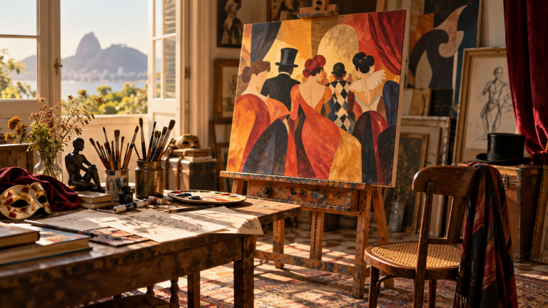 Juarez Machado morreu: o artista que fazia desenhos ganharem vida Ateliê ilustrativo com cavalete, pincéis e uma cadeira vazia, homenagem ao legado de Juarez Machado