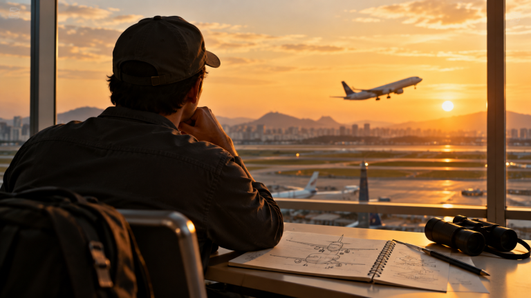 Pessoa observa avião decolar no aeroporto, com caderno de desenhos aeronáuticos em primeiro plano; imagem ilustrativa
