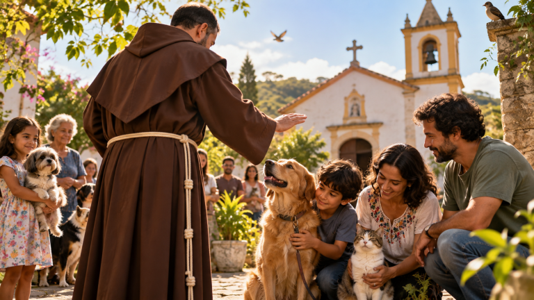 Ilustração de um frade franciscano abençoando cães e gatos com famílias em pátio de igreja; imagem gerada por IA, sem retratar evento real.
