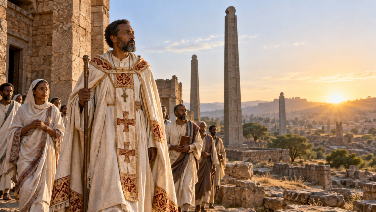 Representação fotográfica de São Frumêncio caminhando com cristãos junto a construções antigas de Axum ao amanhecer