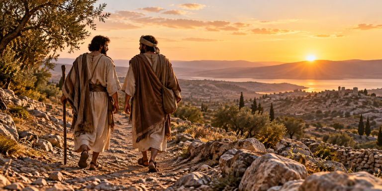 São Simão e São Judas Tadeu: a coragem de caminhar com Jesus Dois discípulos em túnicas antigas caminham juntos por uma trilha de pedras ao nascer do sol, com colinas ao fundo.