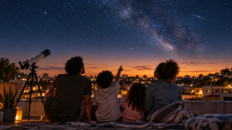 Semana Mundial do Espaço dispara nas buscas: por que olhar para cima importa aqui embaixo? Família observa o céu estrelado com um telescópio em cena ilustrativa da Semana Mundial do Espaço
