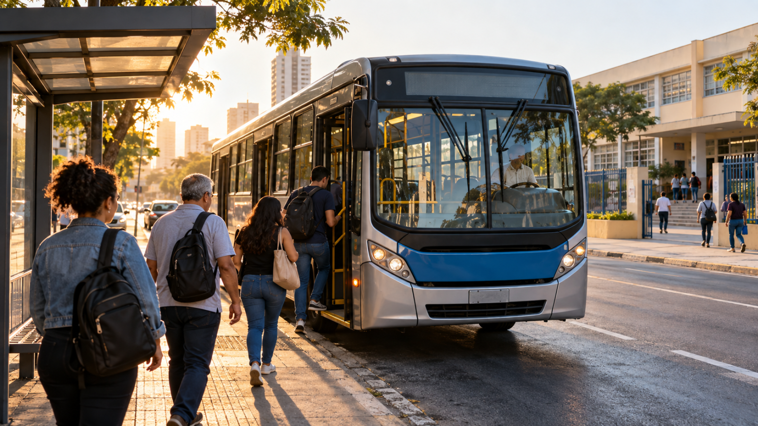 Ônibus de graça para votar hoje? Veja o detalhe que muda em cada cidade Ilustração de passageiros embarcando em ônibus urbano perto de local de votação