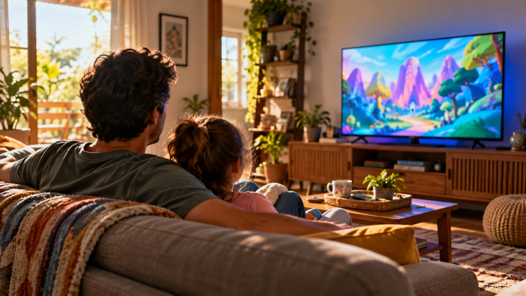 Adulto e criança veem desenho colorido em uma televisão numa sala; ilustração sobre o especial da TV Globinho.